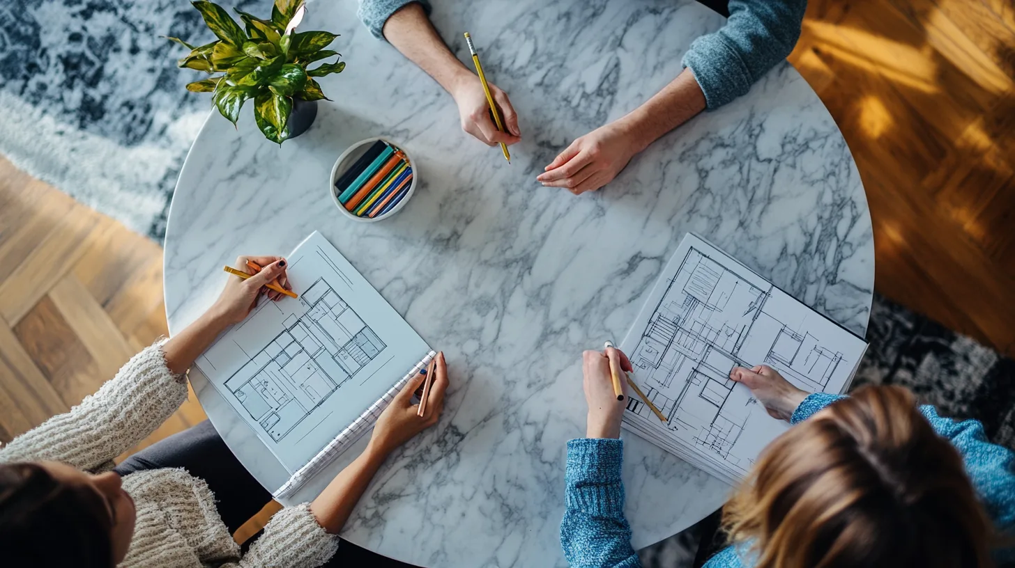 Designer reviewing material samples and drawings with a client