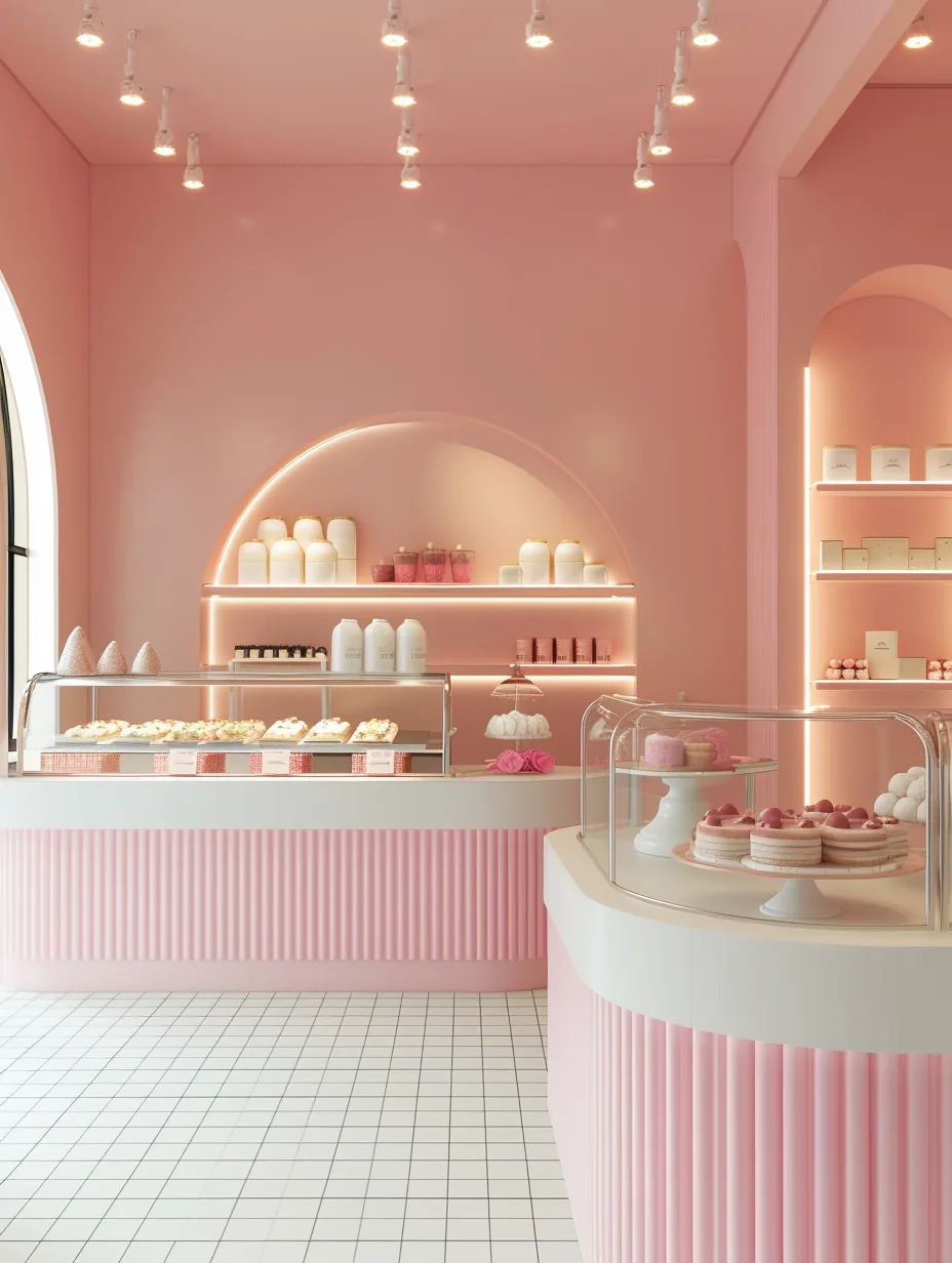 Boutique cake shop interior with a warm display counter