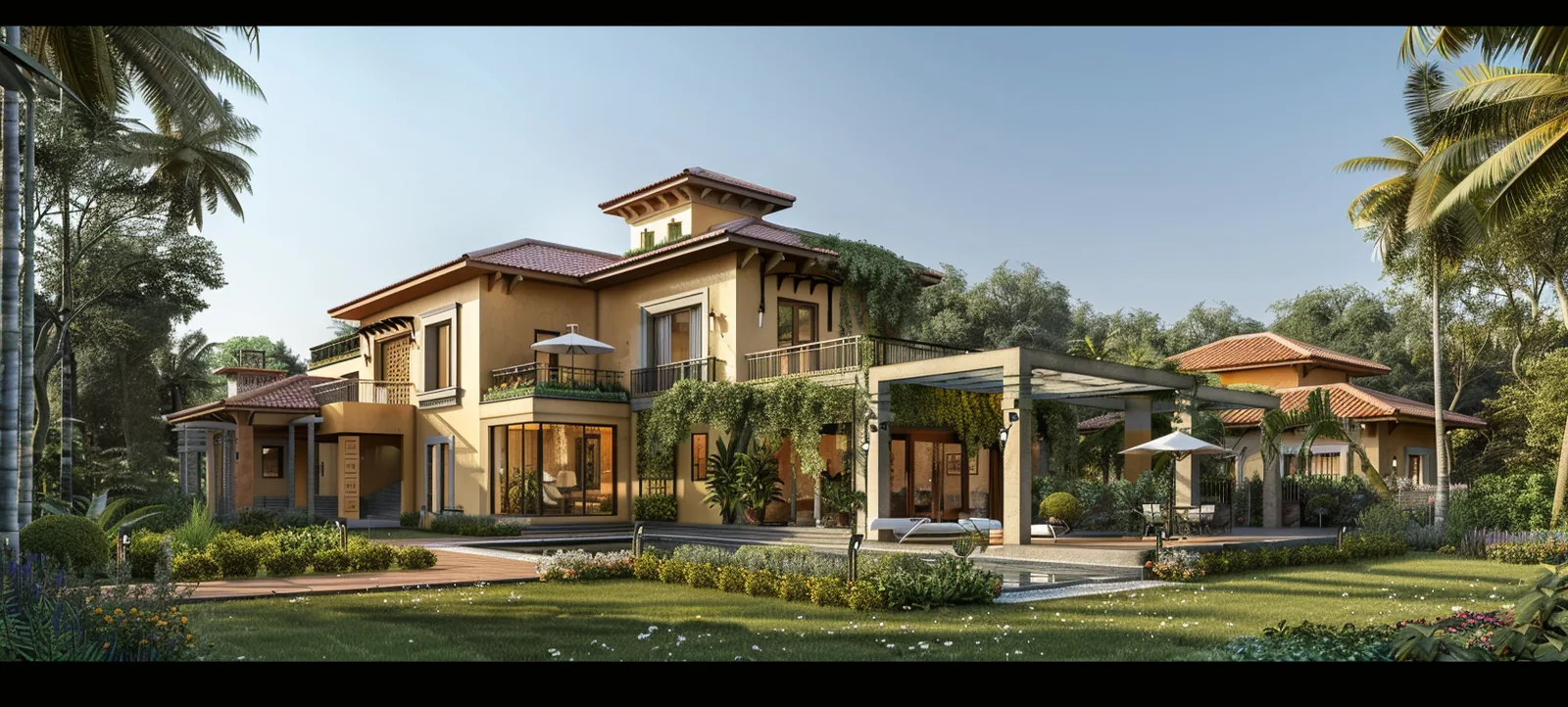Modern residential elevation with balconies and greenery