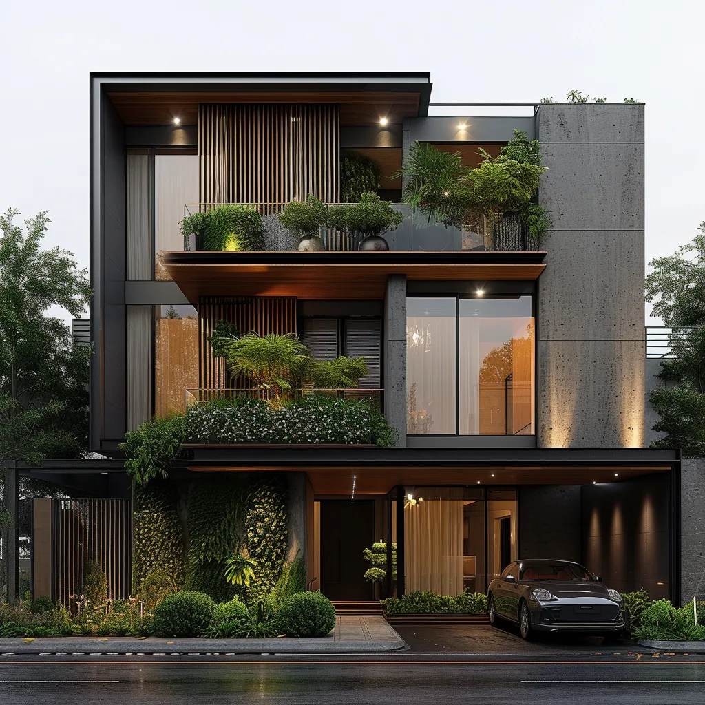 Contemporary multi-storey residence with layered greenery and warm timber screens designed by Design Code