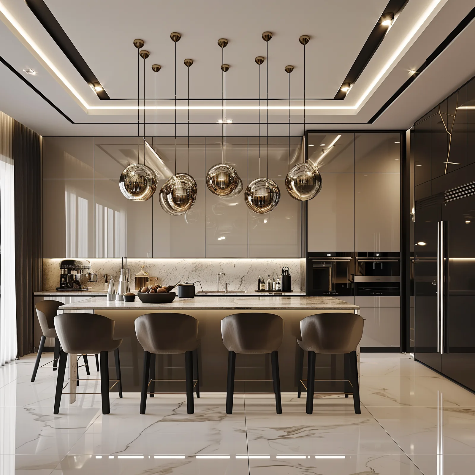 Luxury kitchen with statement lighting and rich cabinetry
