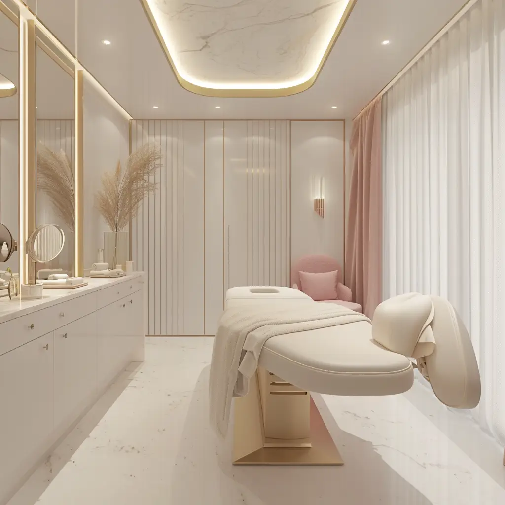 Tranquil massage room with warm lighting and soft textures