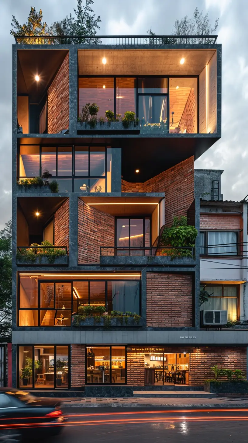 Six-floor commercial building exterior at dusk