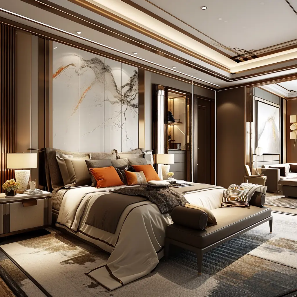 Luxurious room with rich finishes and warm lighting